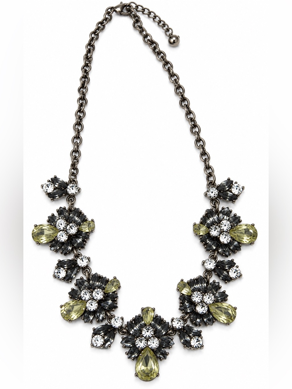 Vintage Style Crystal Floral Statement Necklace Smoky Gray Green Rhinestone